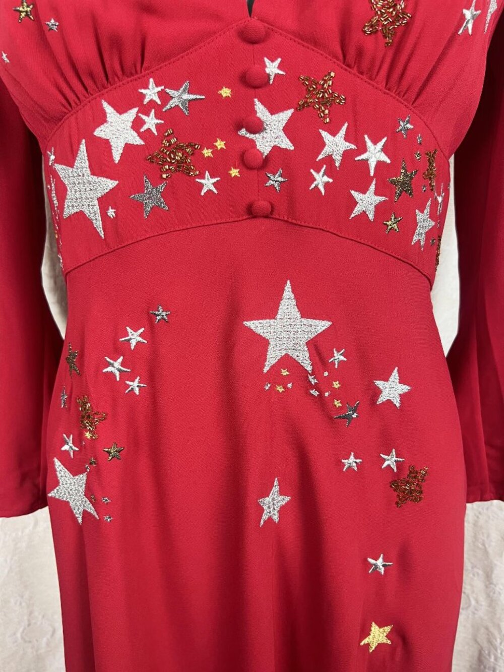 RIXO London Margo red embroidered celestial midi dress retro 40s glamour stars M - Picture 4 of 13